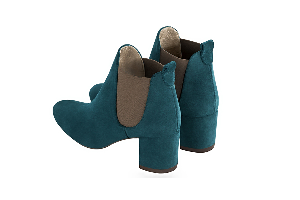 Peacock blue and taupe brown women's ankle boots, with elastics. Round toe. Medium block heels. Rear view - Florence KOOIJMAN